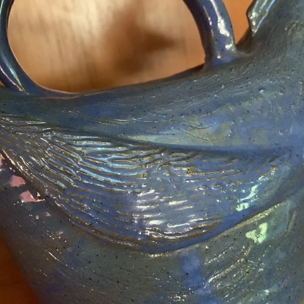 Hand Crafted Clay Oil Dispenser Rooster Blue Pottery